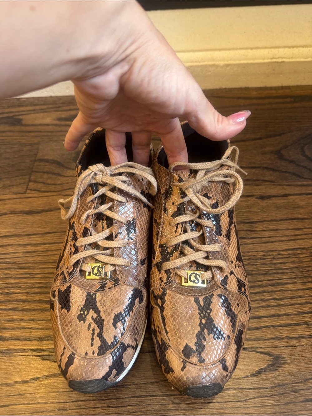 Womens Brown Snake-Print Lace-Up Sneakers